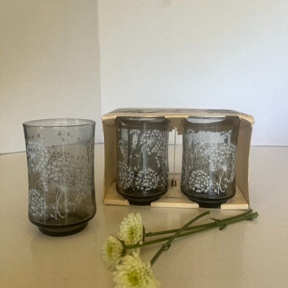 Mid Century Libbey Dandelion Design Juice Glasses Set Of 4 Vintage New in Box - Picture 2 of 5
